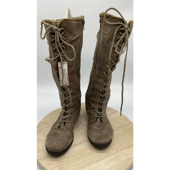 Qupid Boots Womens Size 8 Brown Knee High Lace Up Faux Suede Fleece Lined Zip - Picture 1 of 16
